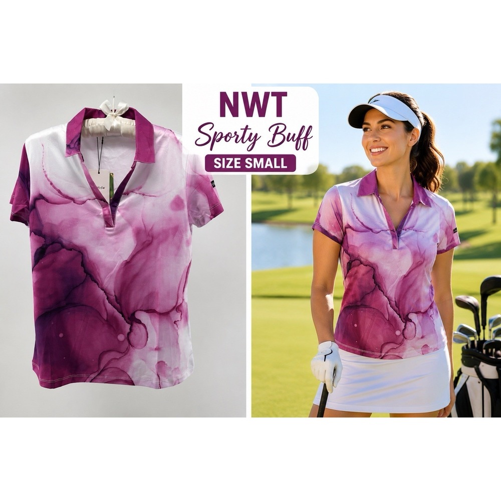 Sporty Buff Golf Polo Shirt Women S Purple Pink Marble Print NWT Athletic Top